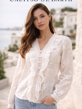 Calypso St. Barth White Embroidered Blouse Ruffle Lace Boho Cottagecore Top XS/S